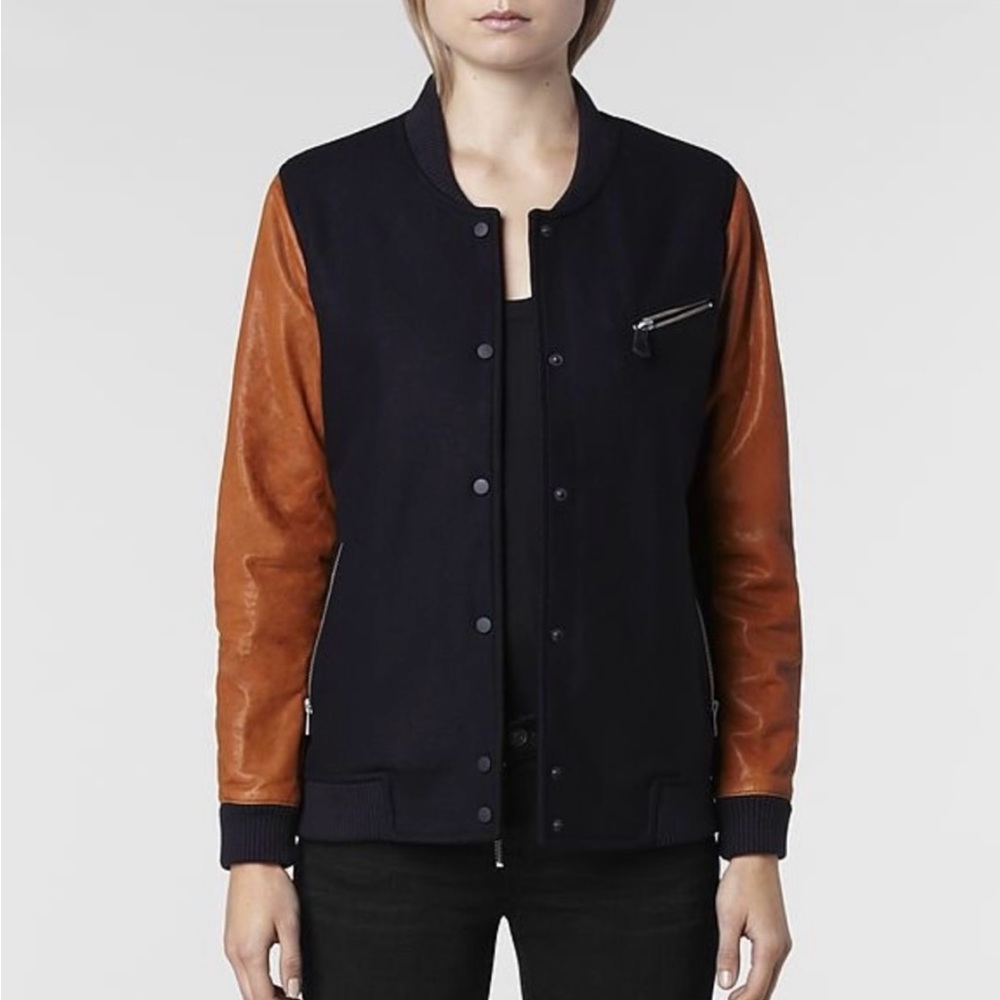 All Saints Biwa WW Bomber Varsity Jacket Wool Leather Black Brown Snap Sz 2